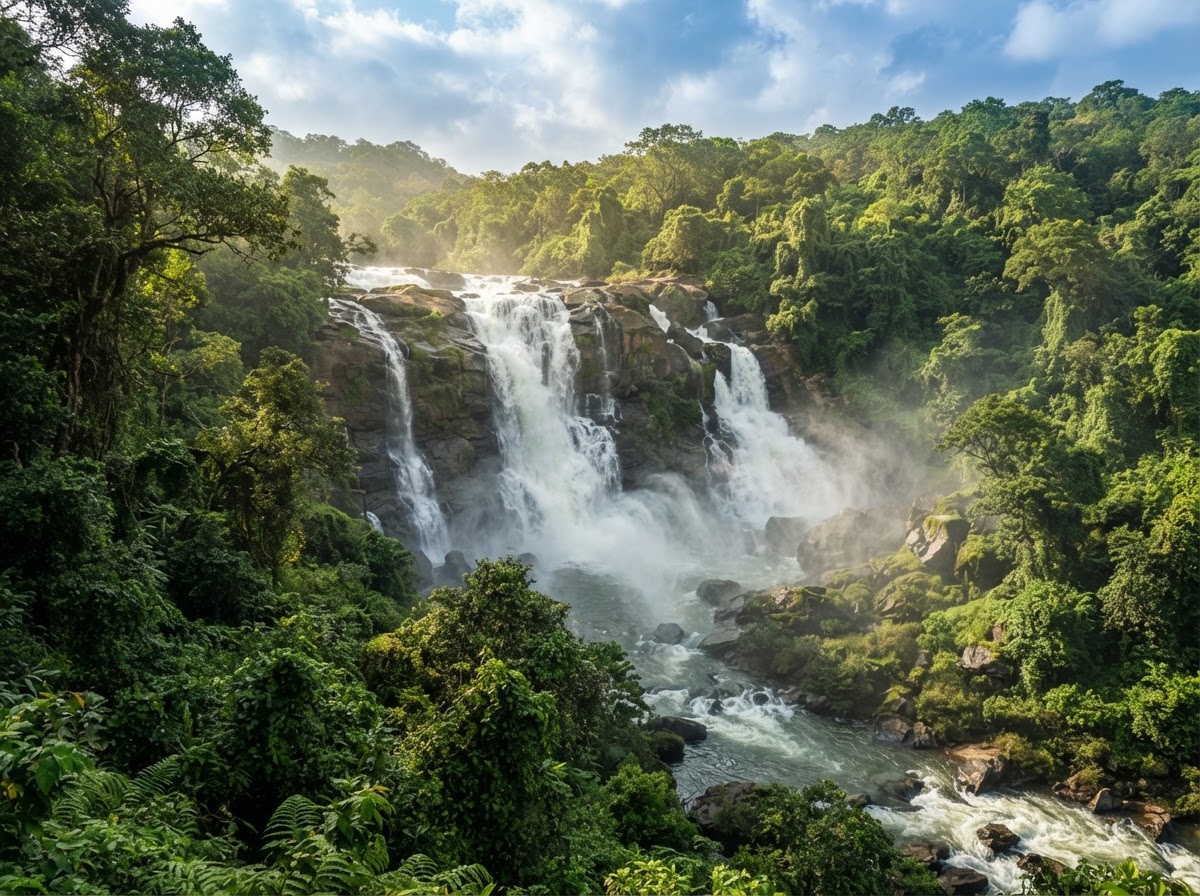 Athirappilly Waterfalls cascading through lush rainforest in Kerala, the 'Niagara of India'