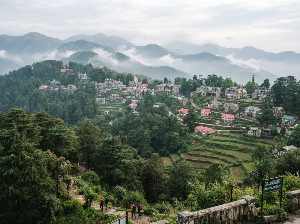 Colonial-era architecture among dense pine and deodar forest at the Dalhousie hill station in Himachal Pradesh, with misty terraced Himalayan hills behind
