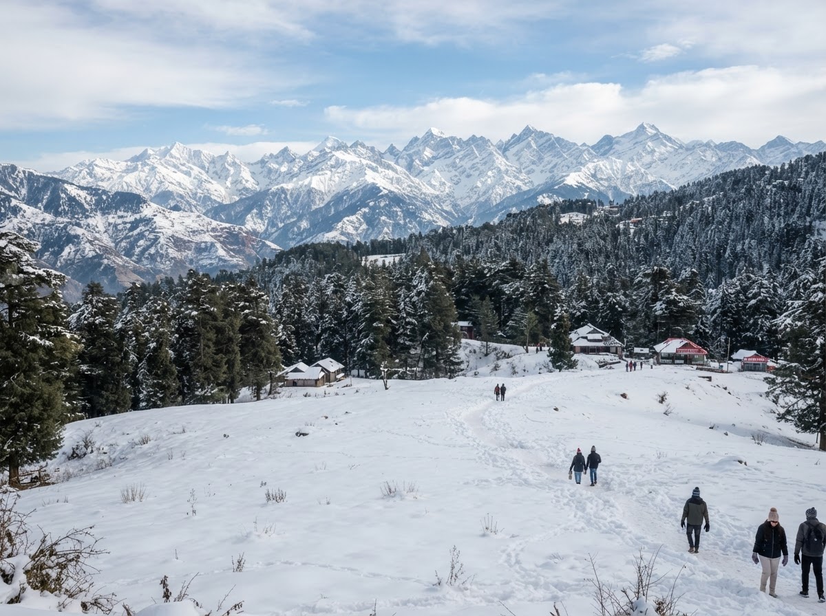 Snow-dusted alpine meadows and pine forest at Kufri near Shimla, Himachal Pradesh, with Himalayan peaks behind