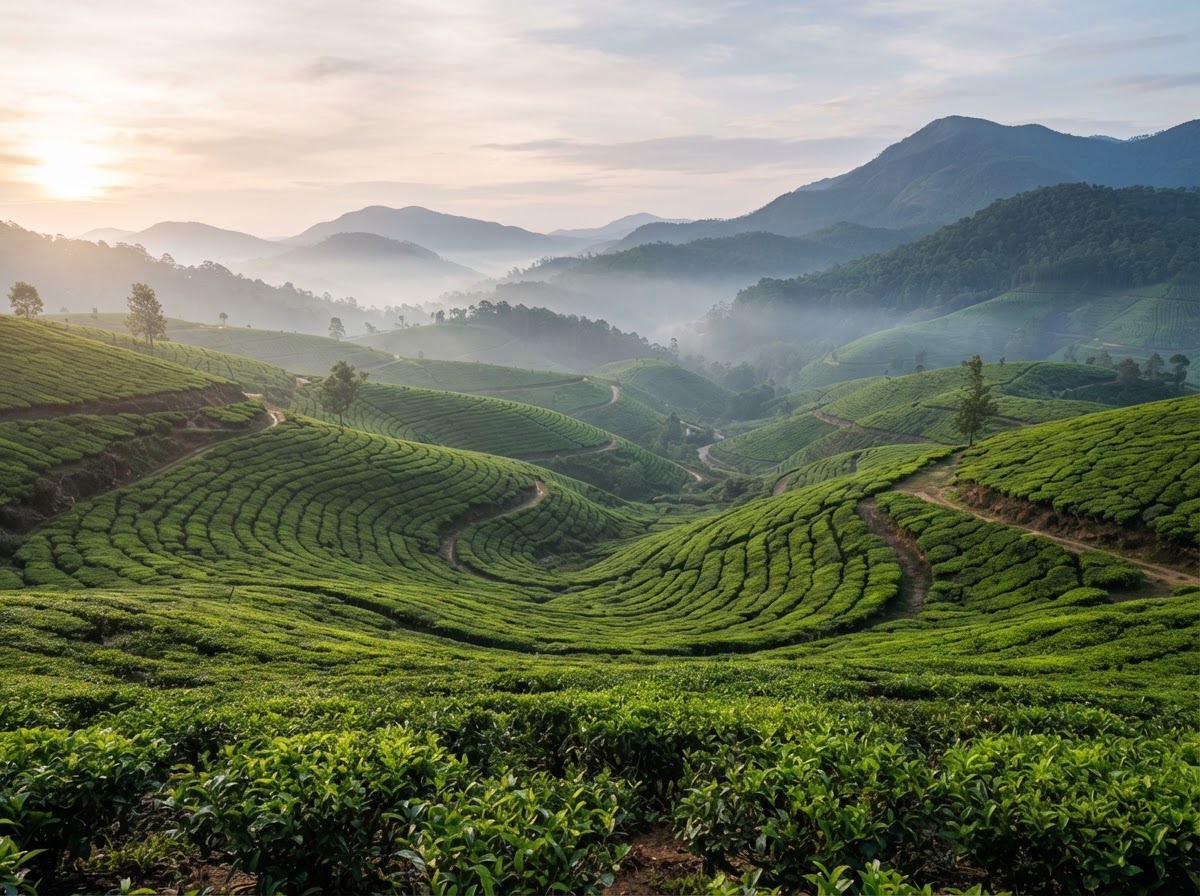Rolling emerald-green Munnar tea plantations terraced across the Western Ghats at sunrise, Kerala