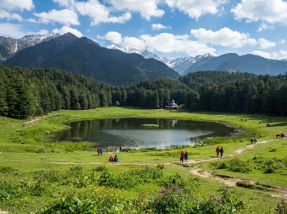 The lush green alpine meadow and small lake at Khajjiar, the Mini Switzerland of India, surrounded by tall deodar forest near Dalhousie, Himachal Pradesh