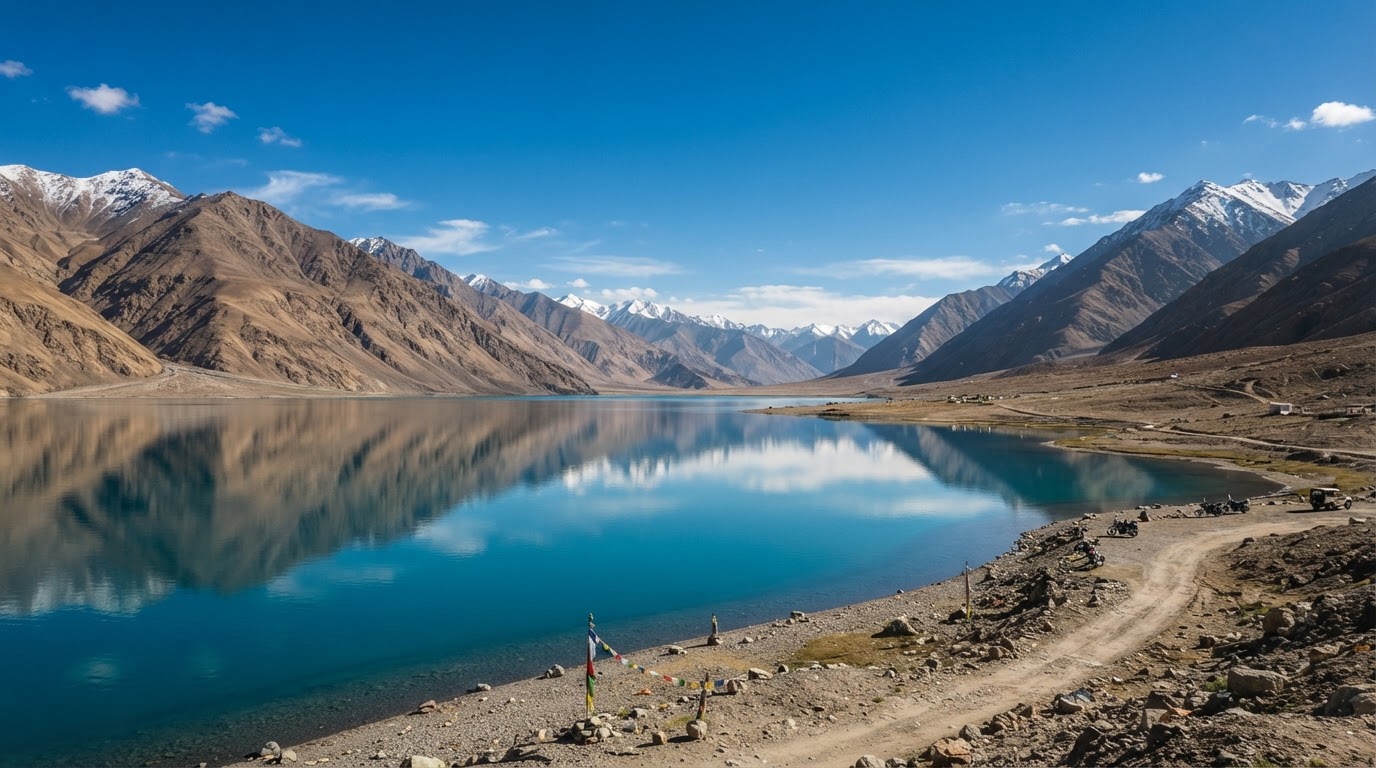 The long turquoise Pangong Tso lake between barren Ladakh mountains with a still reflection