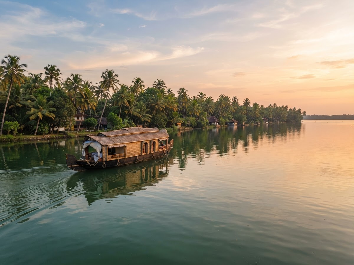 A traditional Kerala houseboat (kettuvallam) gliding through palm-fringed backwaters at golden hour near Kovalam
