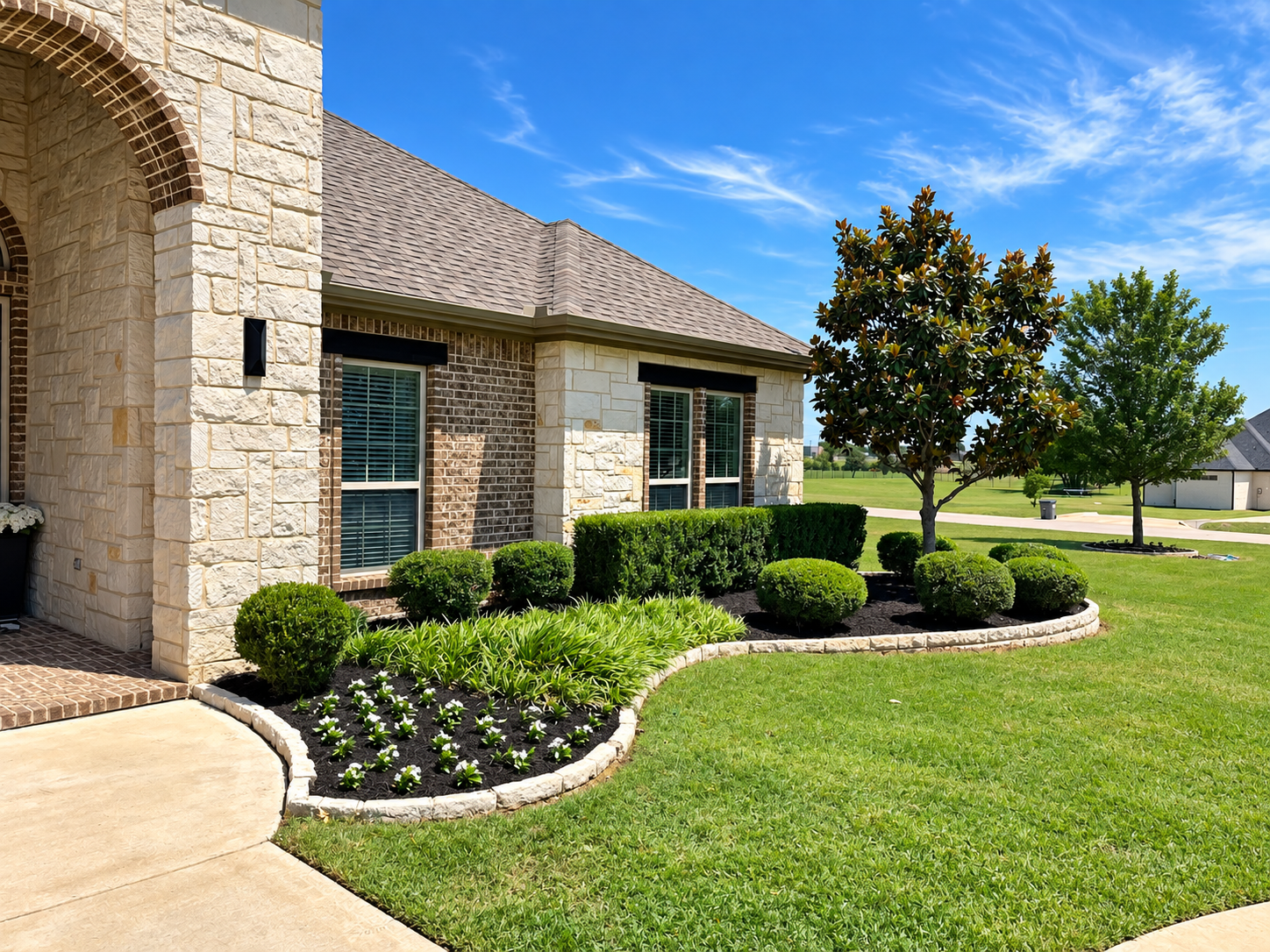 Curved stone-edged landscape bed with manicured shrubs and flowers in a North Texas residential yard
