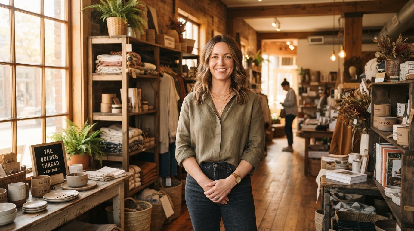 A business owner in her warmly lit independent boutique