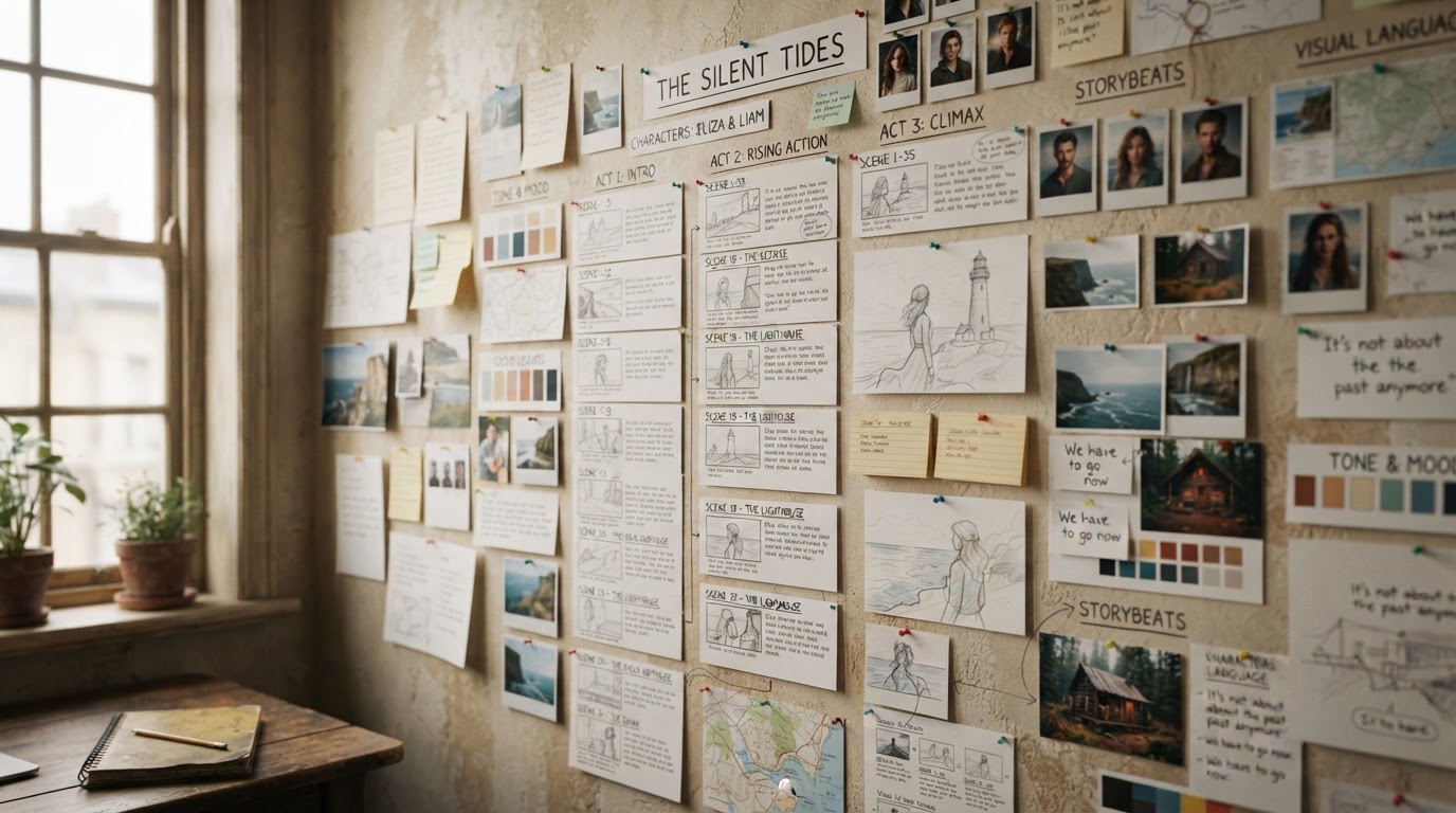 Creative planning wall with pinned references and storyboards