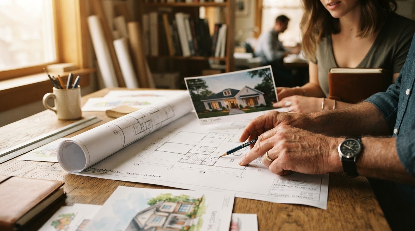 Hands reviewing printed plans and property photographs
