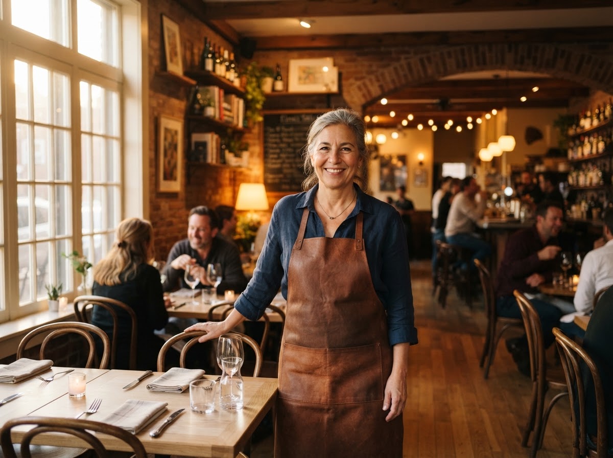 Neighborhood restaurant owner in a warm dining room