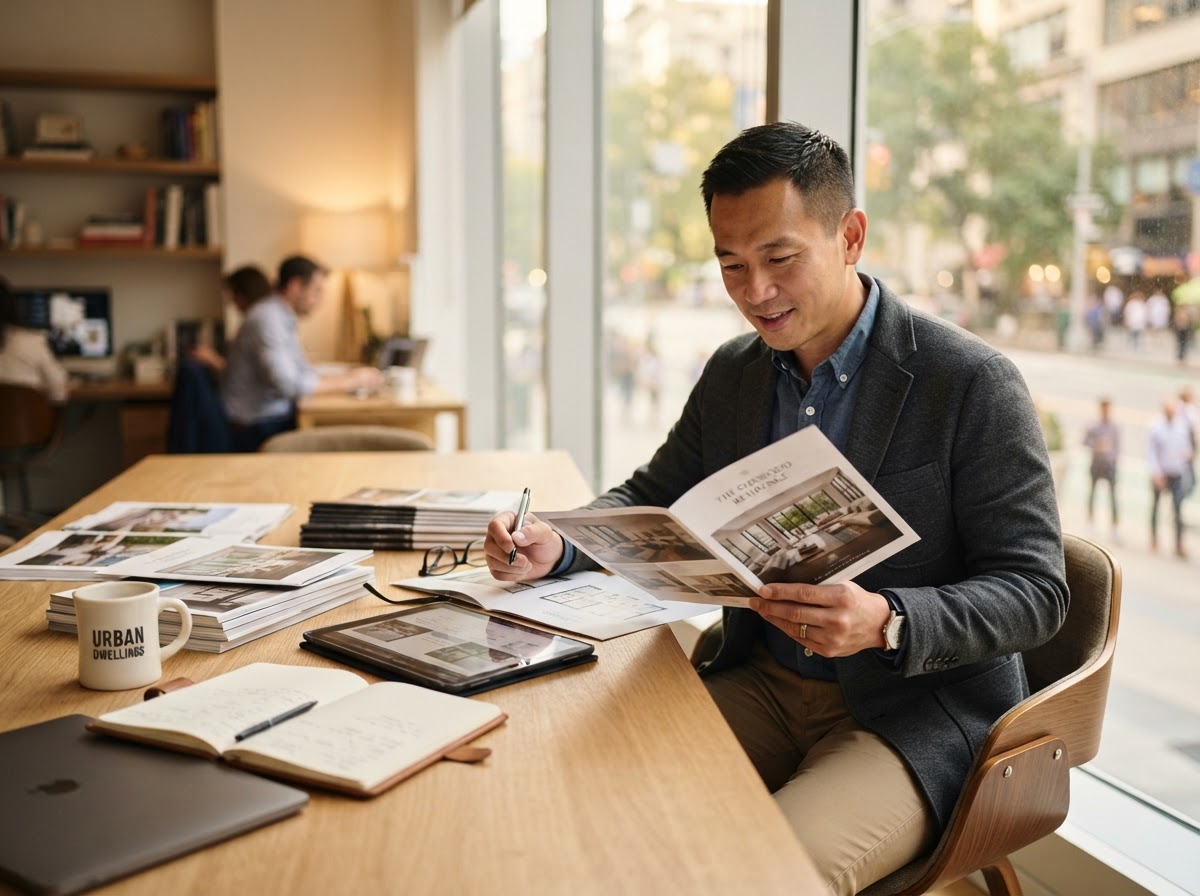 Independent real-estate professional reviewing property materials