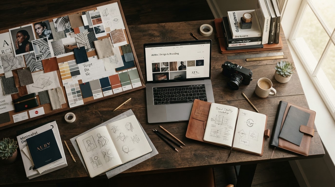 Creative direction workspace with mood boards and design materials
