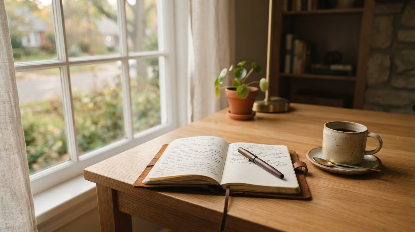 A quiet, inviting desk near a window with soft morning light