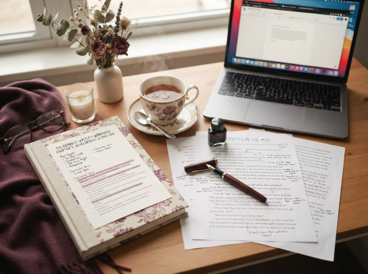 Overhead desk scene with manuscript pages, a notebook, pen, cup of tea and a laptop — a quiet space to pause and look at your story