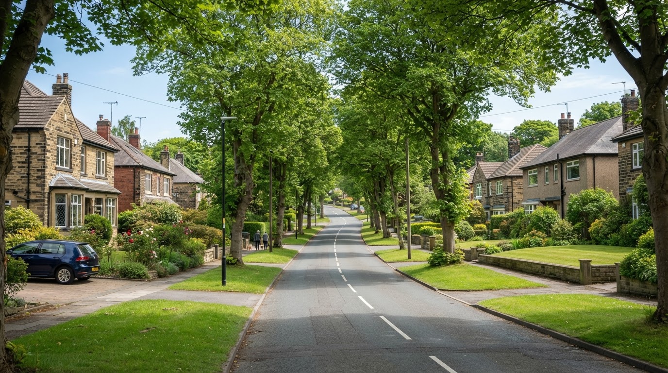 King Lane and leafy residential streetscape in Alwoodley, Leeds
