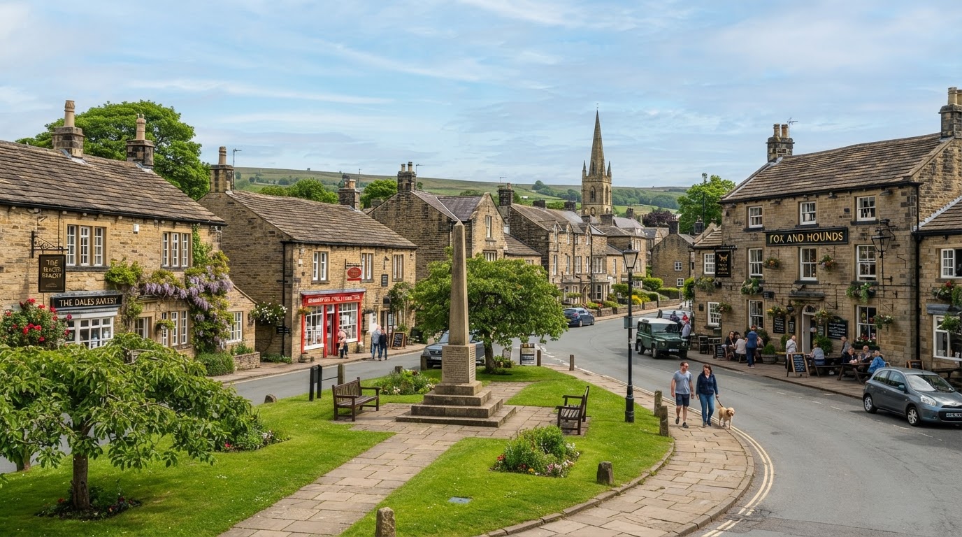 Bramhope village centre streetscape, West Yorkshire
