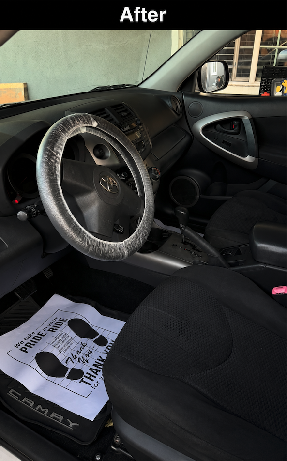 Spotless Camry interior cockpit, steering wheel, and seat after Reliable Mobile Car Detailing Savannah