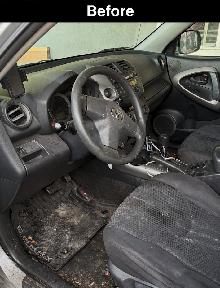 Toyota Camry driver seat, steering wheel, and floor mat before detailing