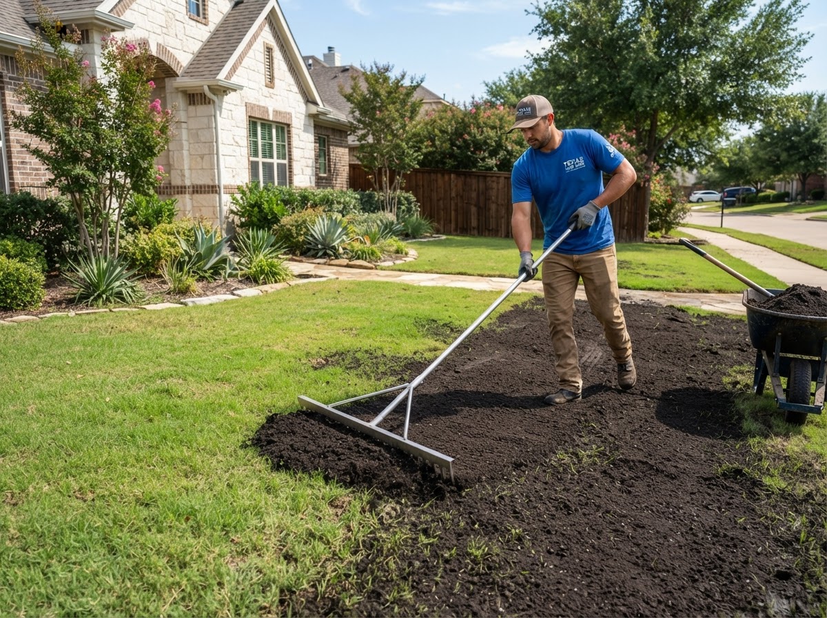 Topdressing material being spread across a residential lawn in Fort Worth Texas