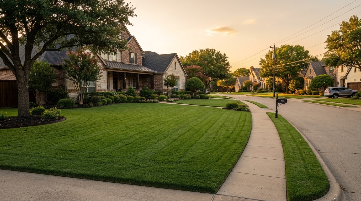 Residential lawn in a Fort Worth Texas neighborhood at golden hour
