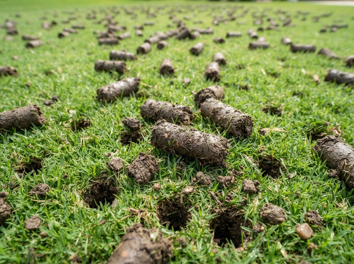 Core aeration plugs on North Texas turf showing small soil cores removed from the lawn