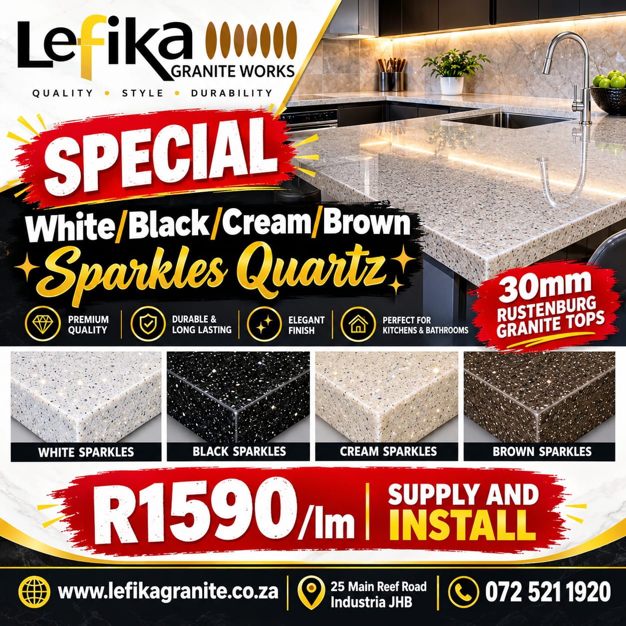 Lefika Granite Works Sparkles Quartz Special - 30mm Rustenburg Granite Tops R1590/lm