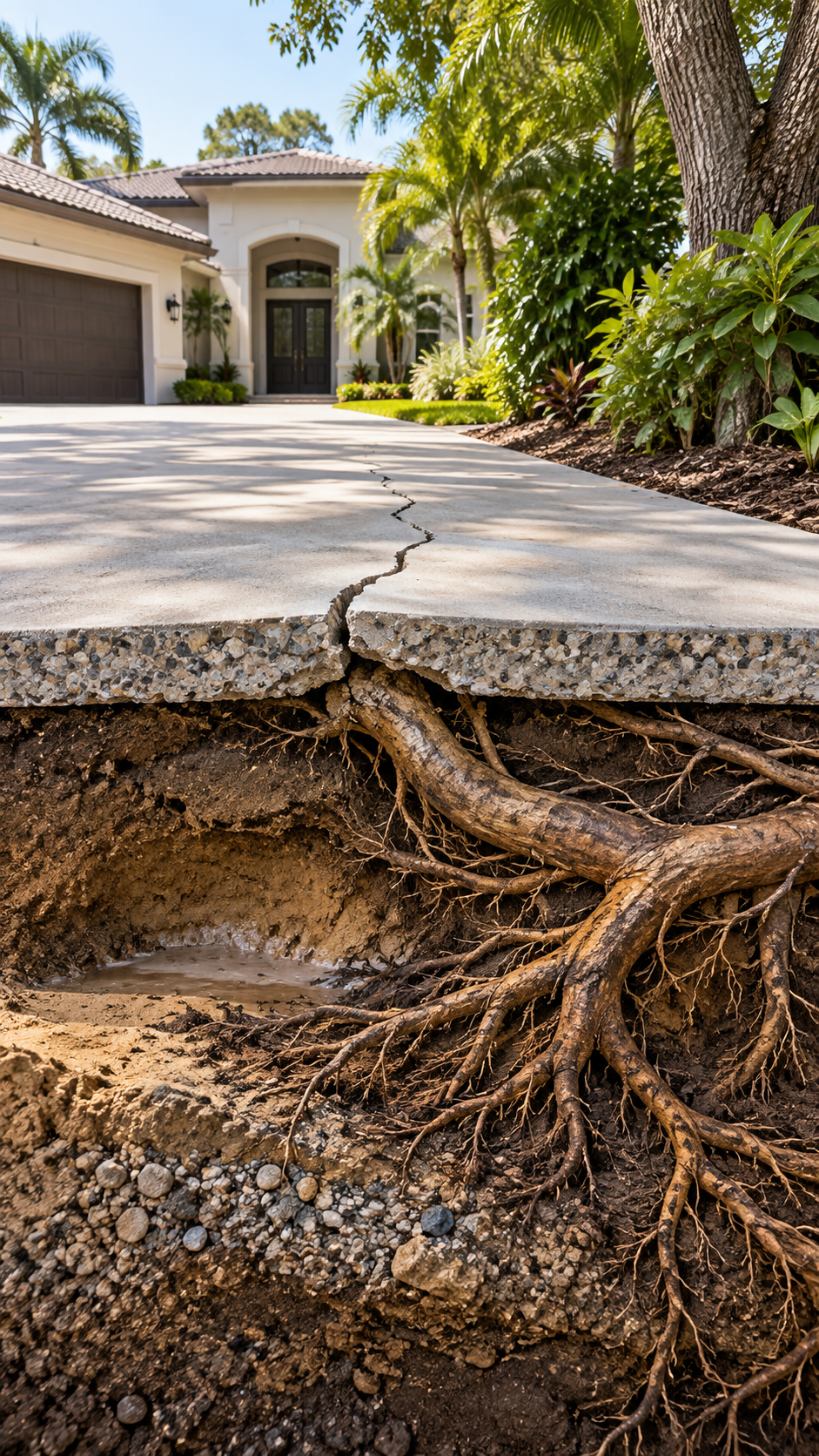 Cutaway view of tree roots spreading beneath a cracked concrete driveway slab
