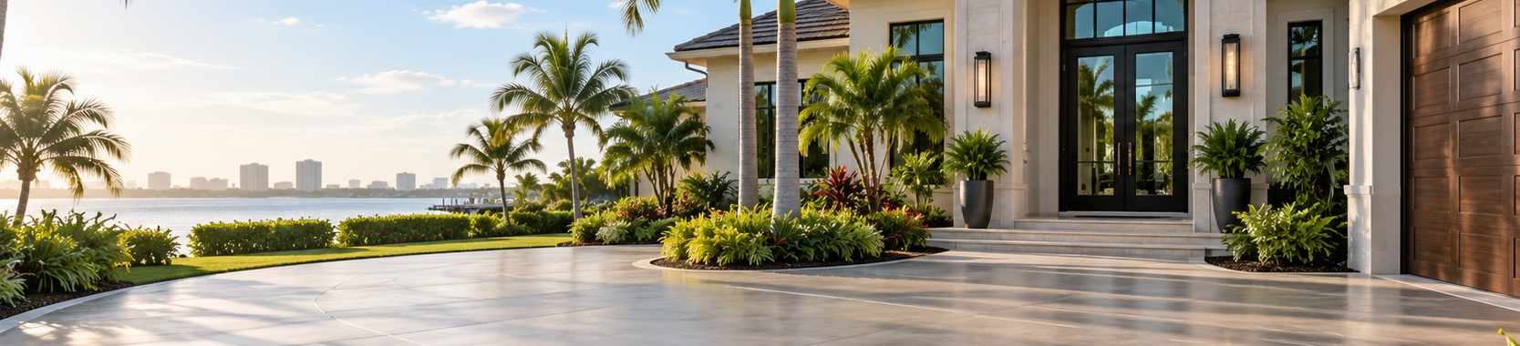 Luxury Tampa estate with custom concrete driveway and tropical landscaping