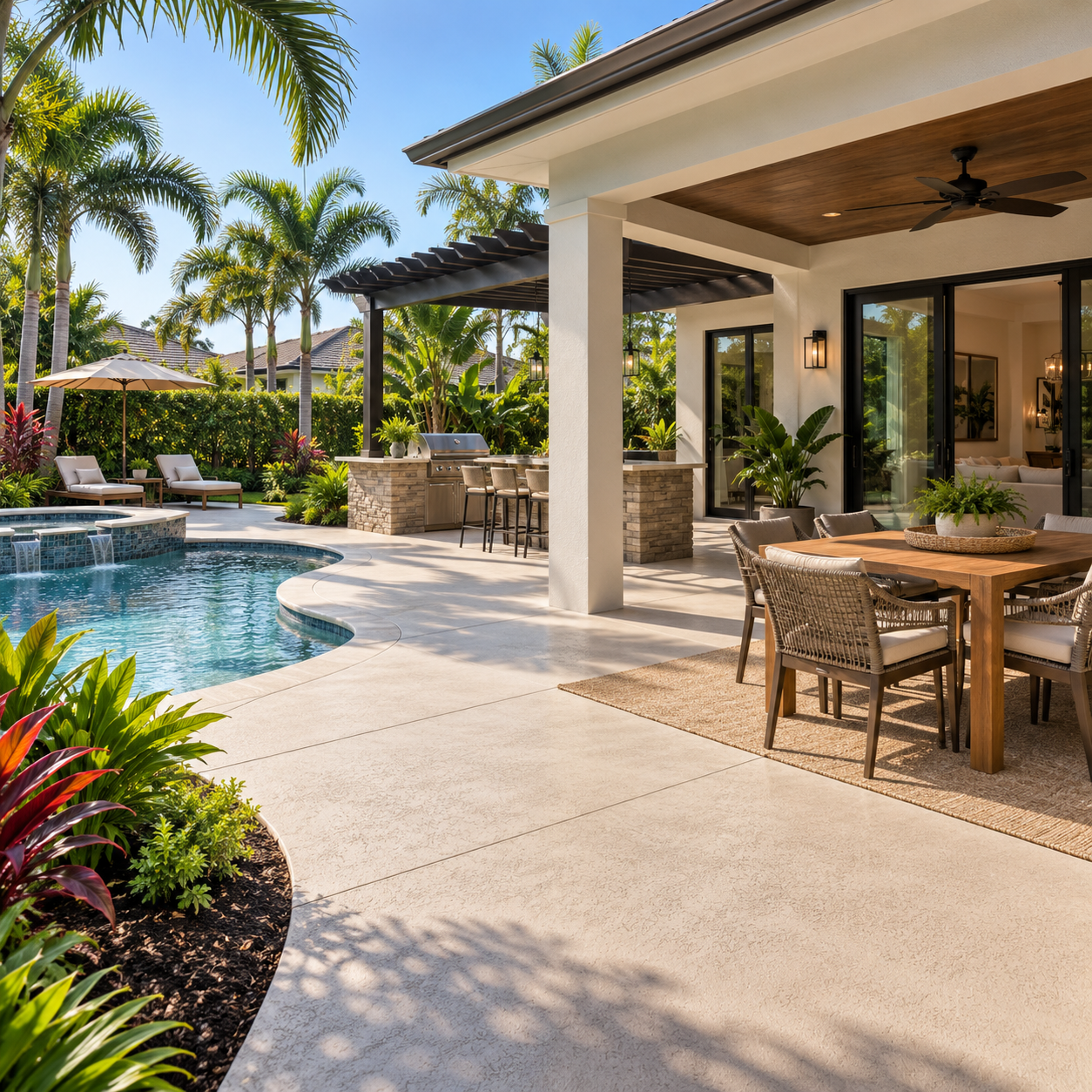 Finished outdoor living concrete patio with dining area, pergola kitchen, and poolside lounge space