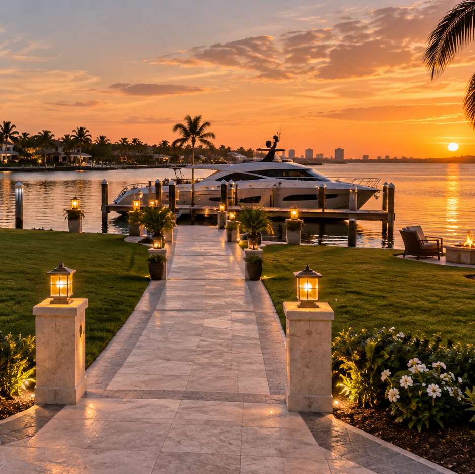 Finished decorative concrete walkway with illuminated stone pillars leading to a private waterfront dock and yacht at sunset