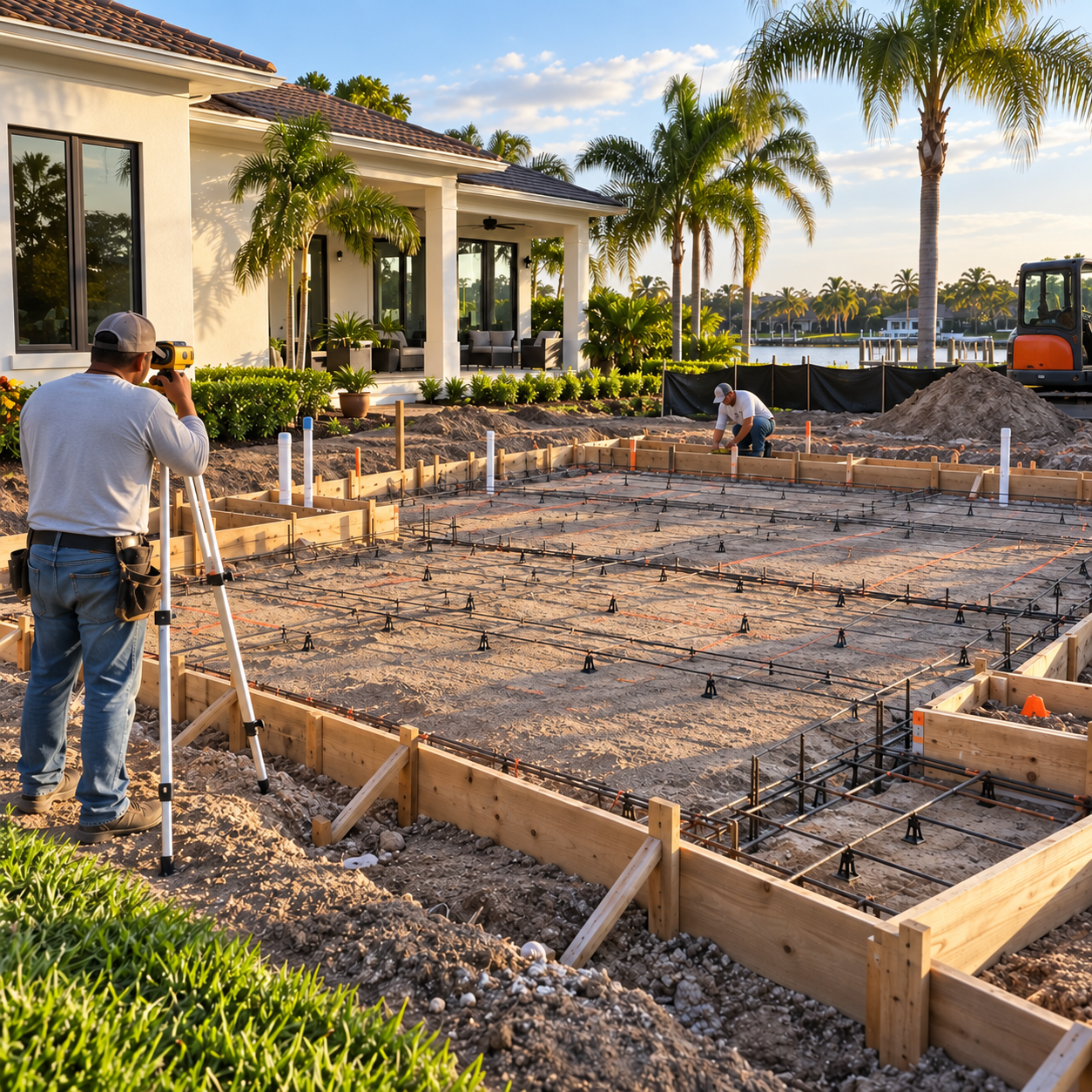 Laser-guided grade surveying and wooden formwork preparation for a concrete slab on a residential waterfront property
