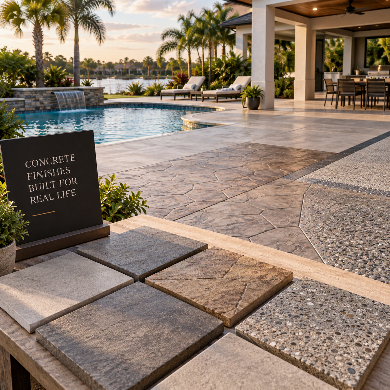 Concrete resurfacing finish samples beside a finished pool and patio area