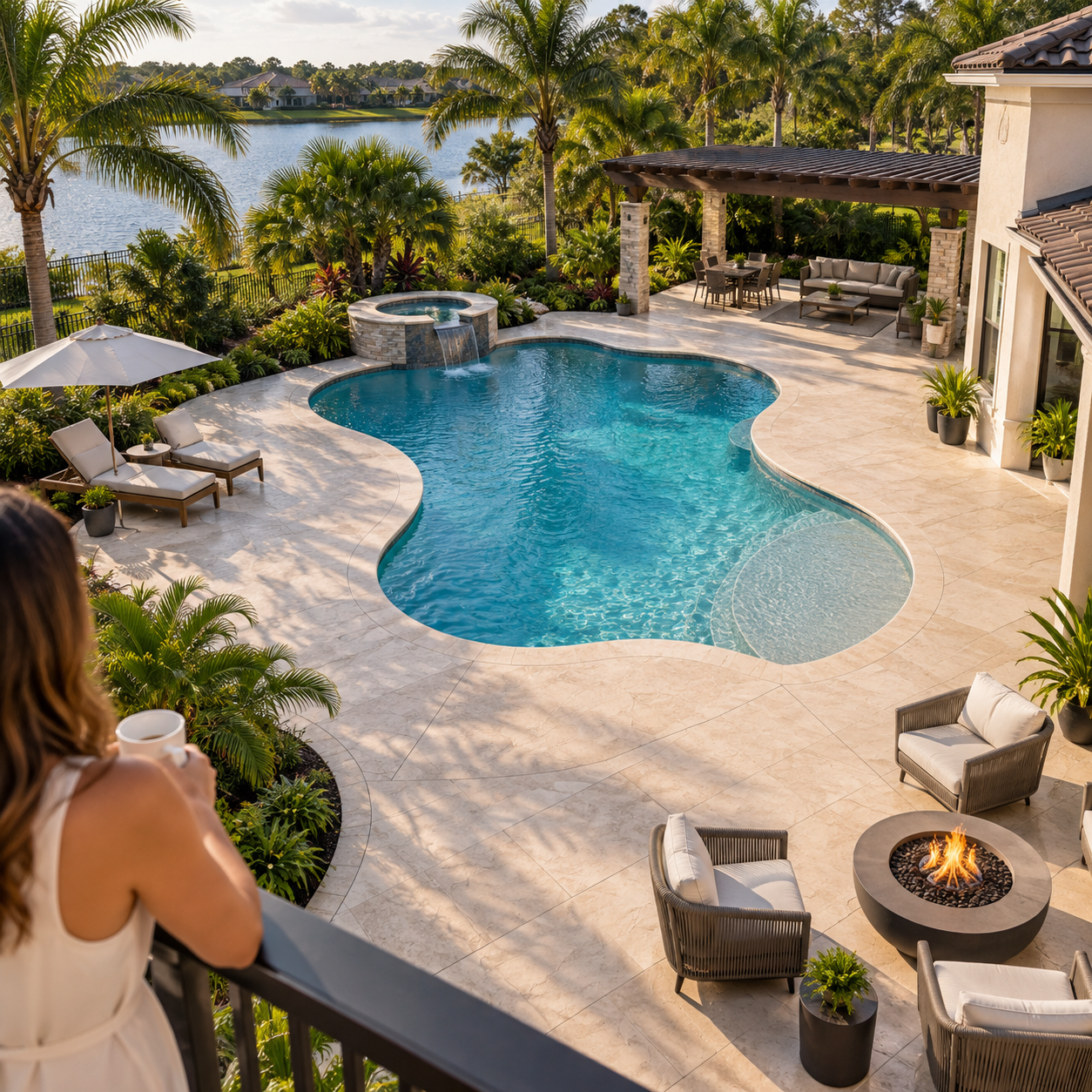 Custom concrete pool deck with resort-style curved pool, fire pit lounge, pergola seating, and lakefront views