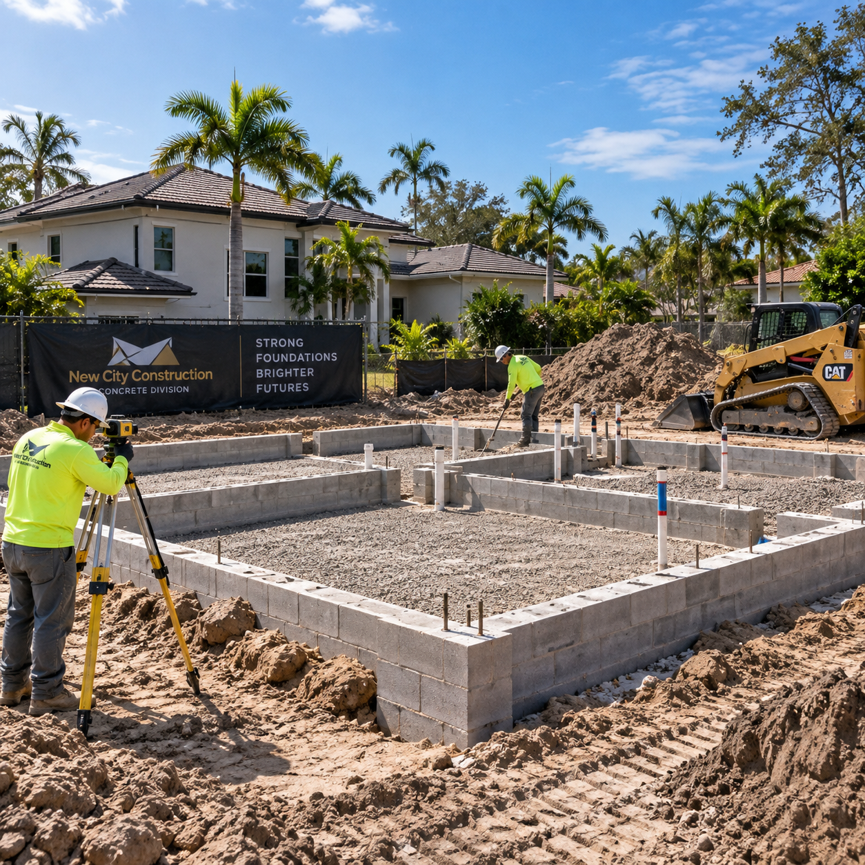 Concrete foundation stem wall construction and site preparation with surveying equipment