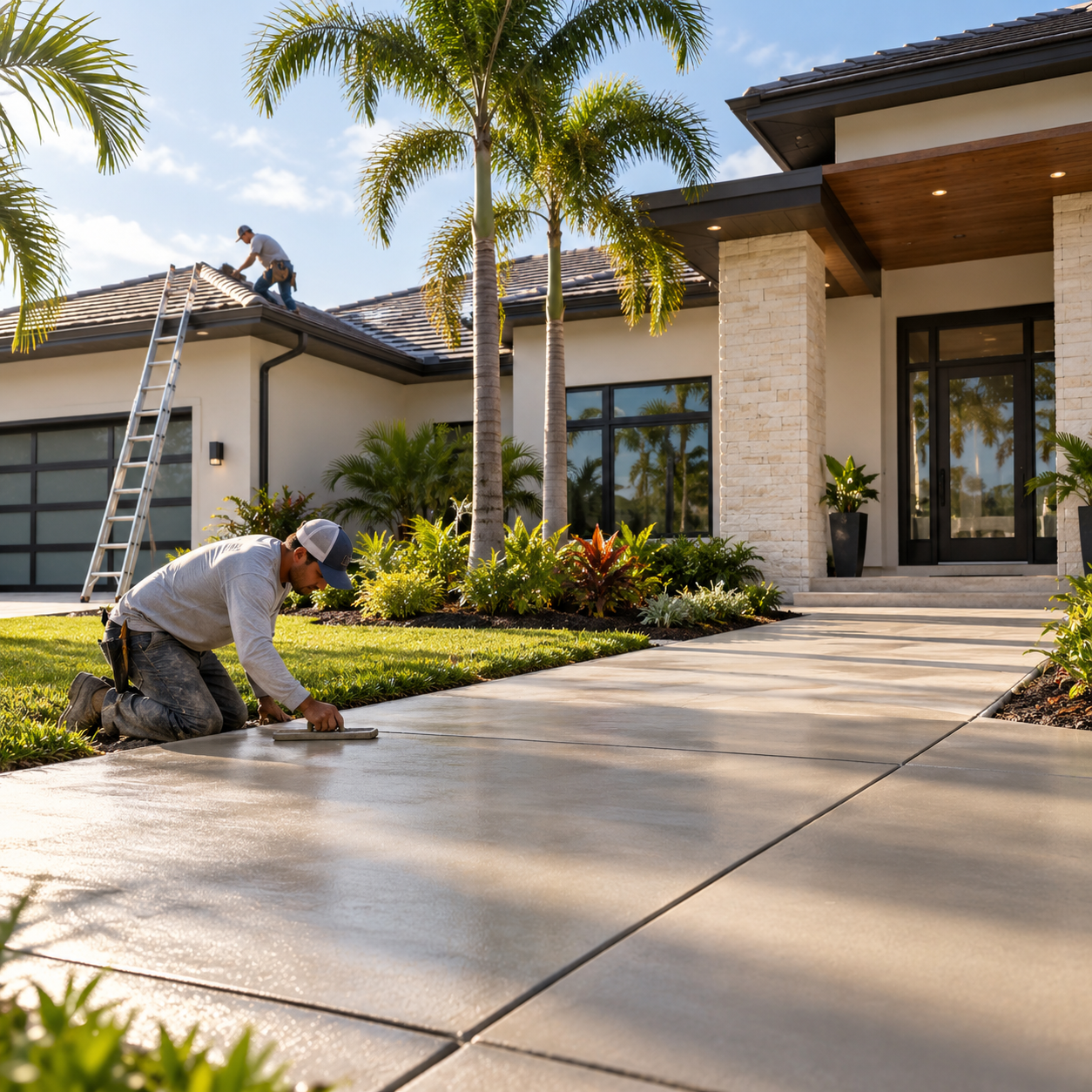 New City Construction Corporation team working on concrete walkway and roofing
