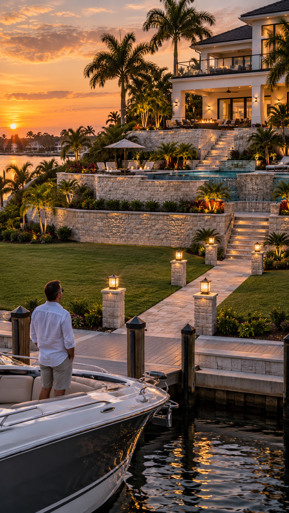 Multi-level terraced stone retaining walls and steps on a waterfront property at sunset