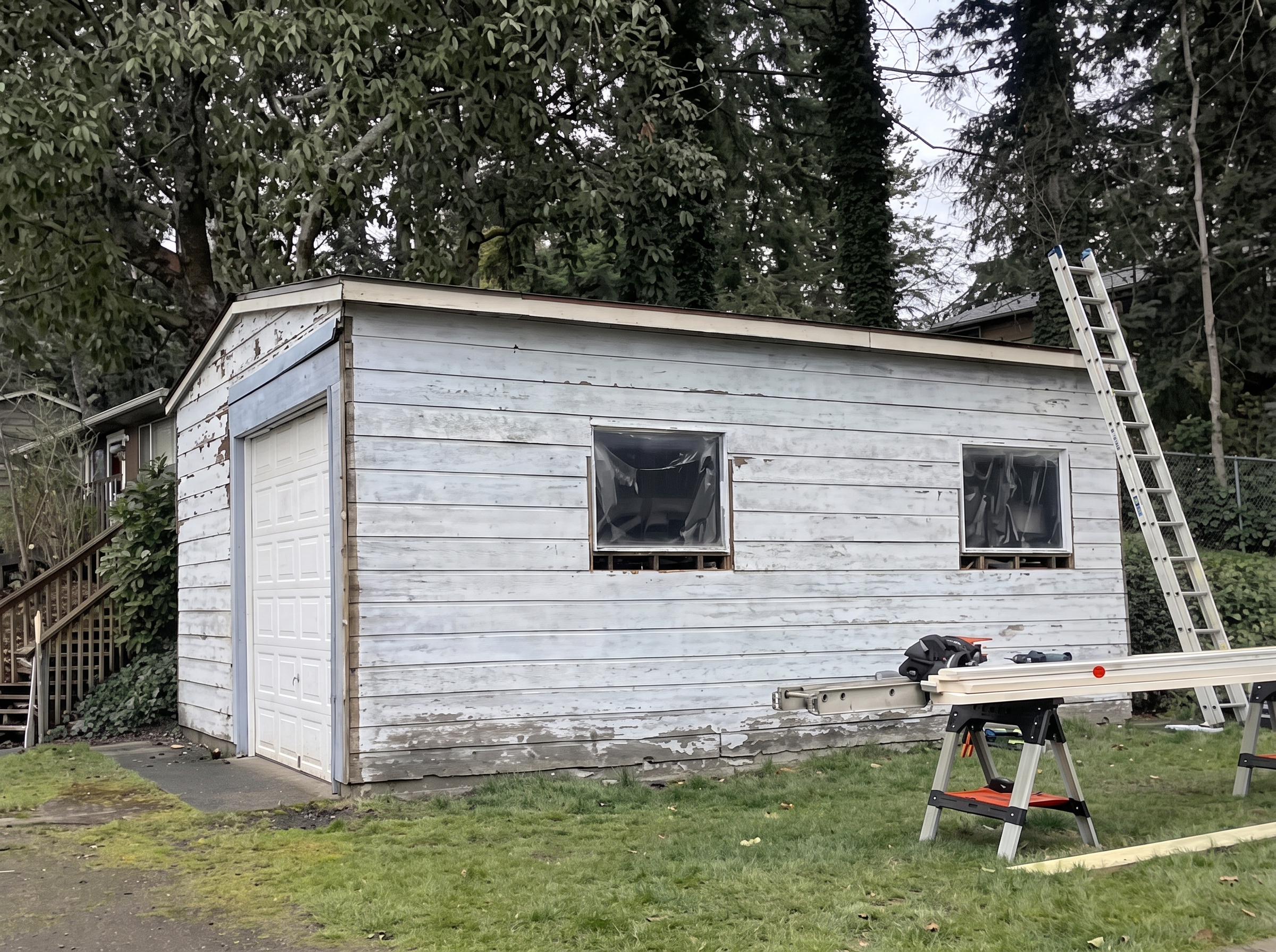 Detached Garage Siding, Windows & Trim Rebuild - Before