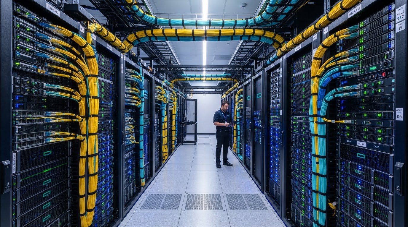 High-density data center server racks and optical networking corridor