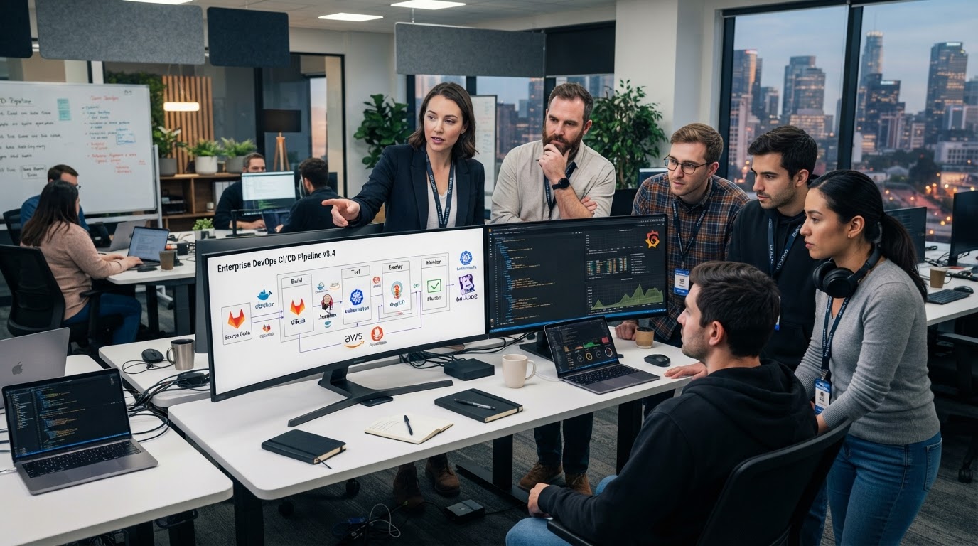 DevOps engineering team managing automated CI/CD deployment pipelines