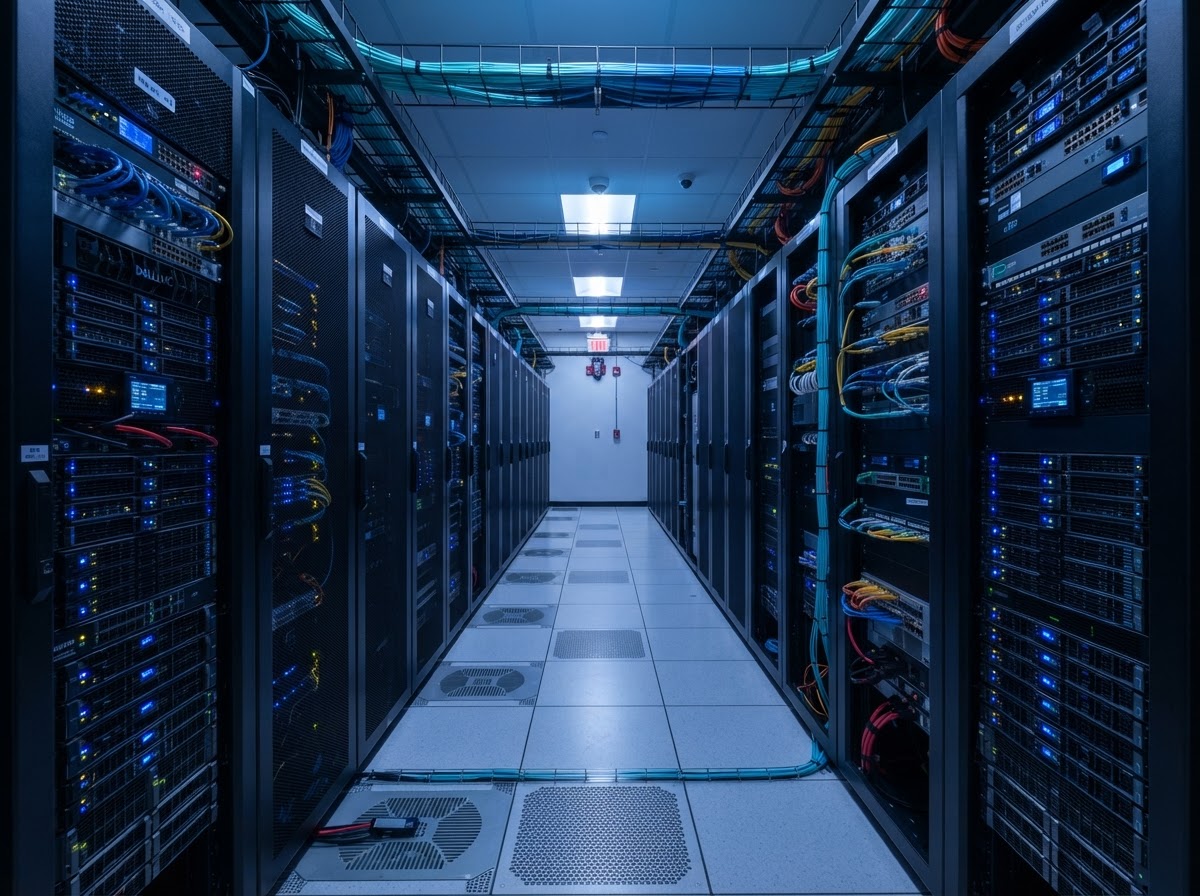 Enterprise server room with hybrid cloud networking infrastructure