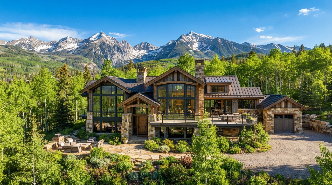 Luxury modern Colorado mountain home with timber, stone, and glass exterior under bright sunny skies