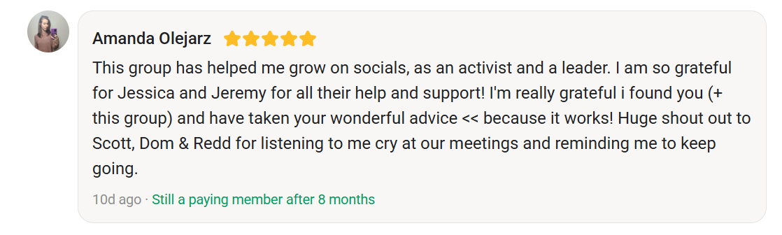 Amanda Olejarz's community feedback on the results she achieved