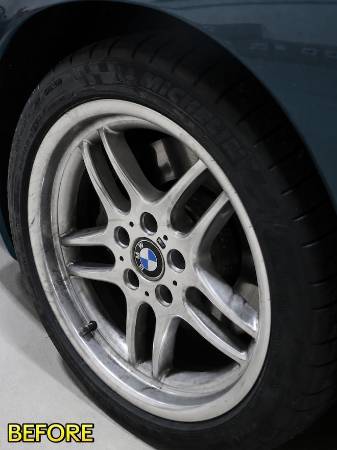 BMW alloy wheel with brake dust and grime before mobile detailing in Savannah