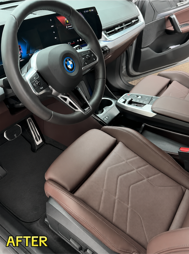 Clean detailed interior cabin with refreshed leather seats and pristine console after mobile detailing in Savannah