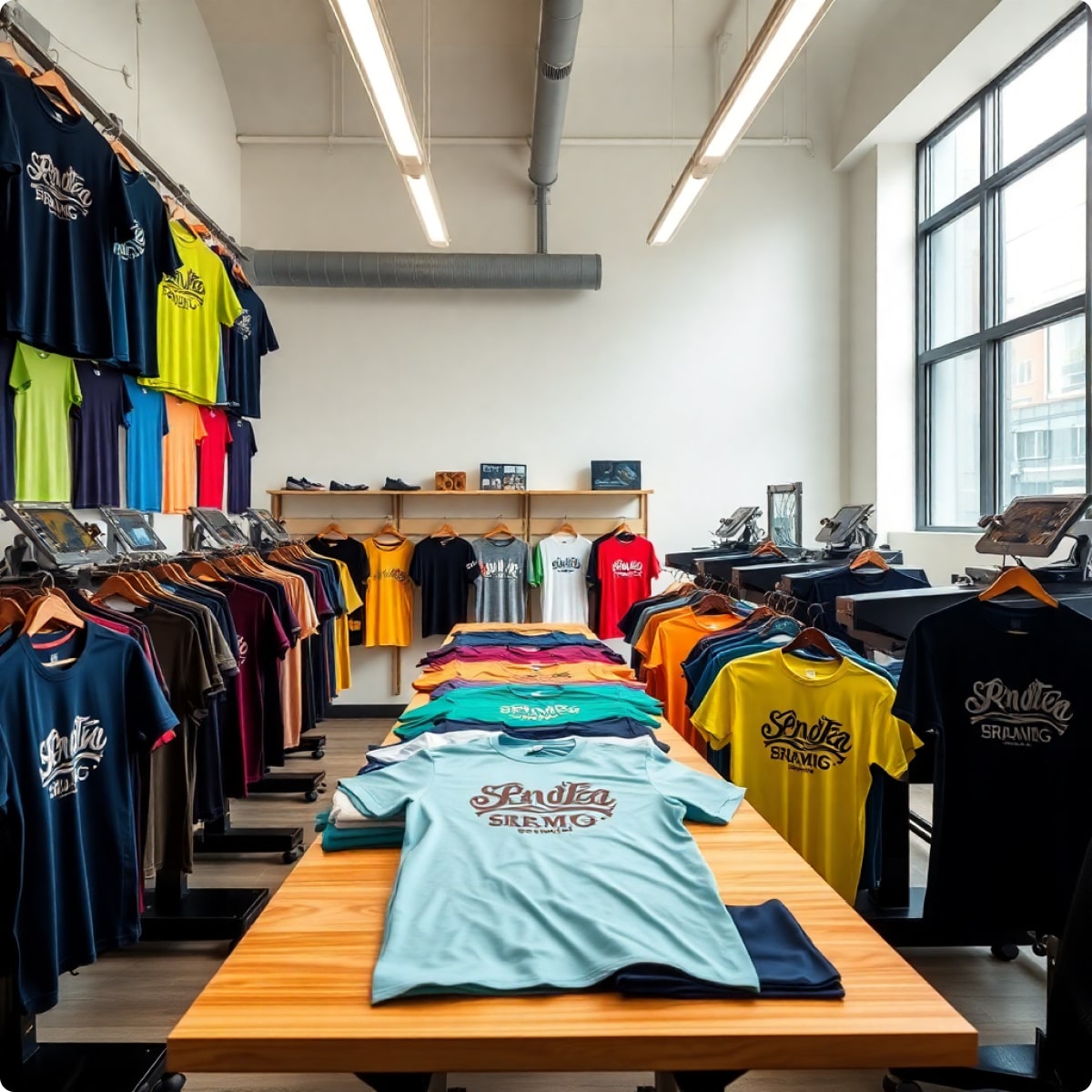 Printed Threads custom garment printing showroom and workshop with printed t-shirts and DTG printers