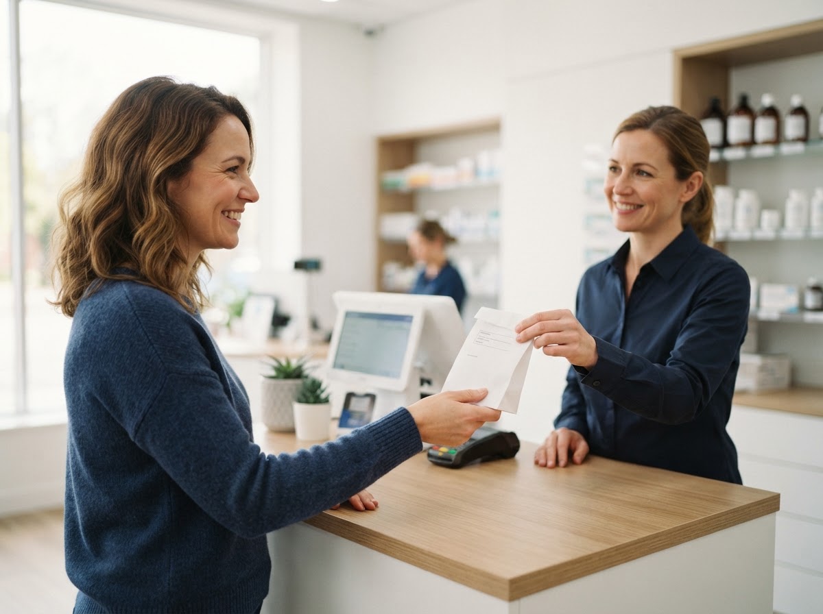 A Ladner Drugs customer picking up a prescription bag at the pharmacy counter