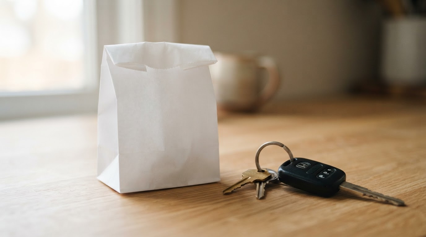 A prepared pharmacy prescription bag ready for free city-wide delivery from Ladner Drugs