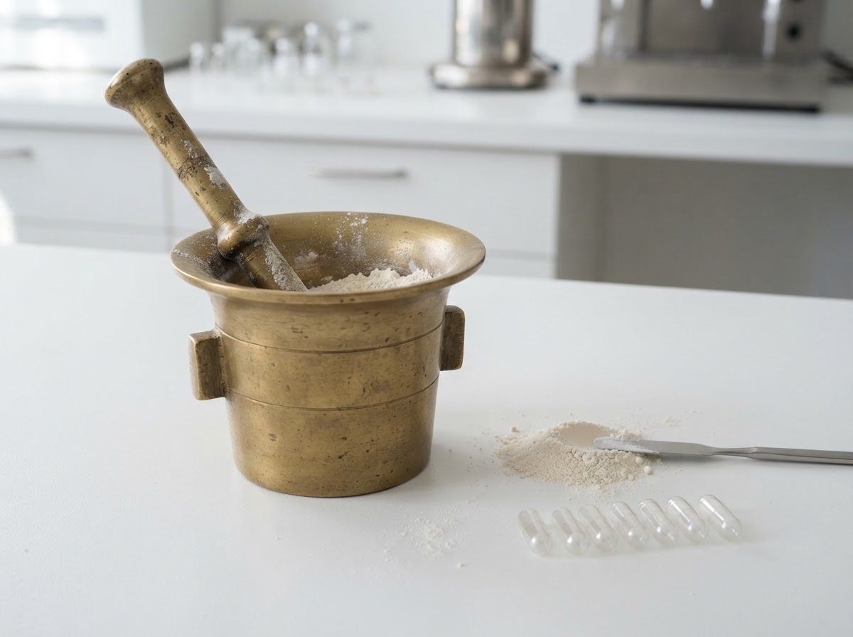 Mortar and pestle with custom compounded medication prepared at the Ladner Drugs compounding station