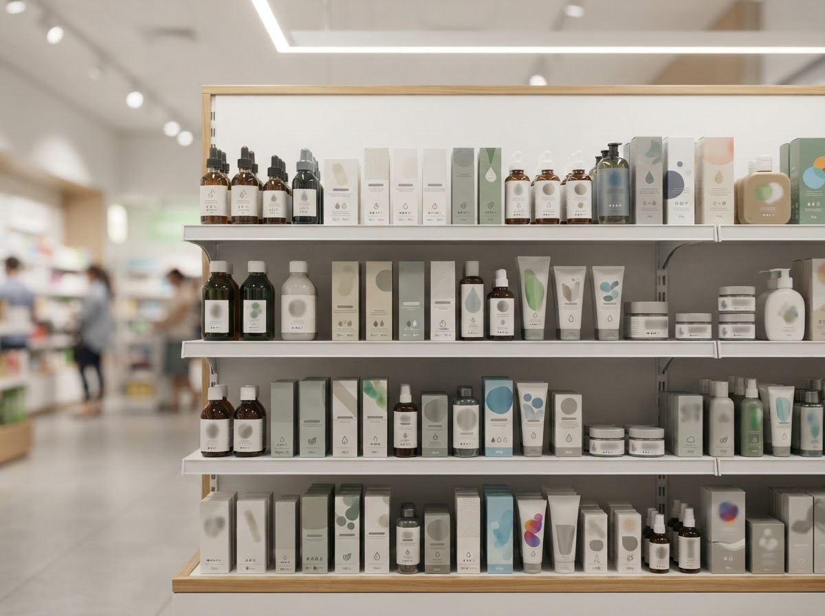 Shelves of over-the-counter health and wellness products