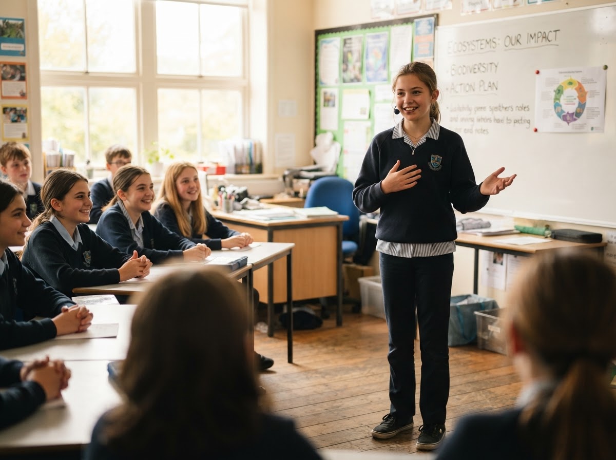 A confident student presenting articulately to engaged classmates in a sunlit classroom