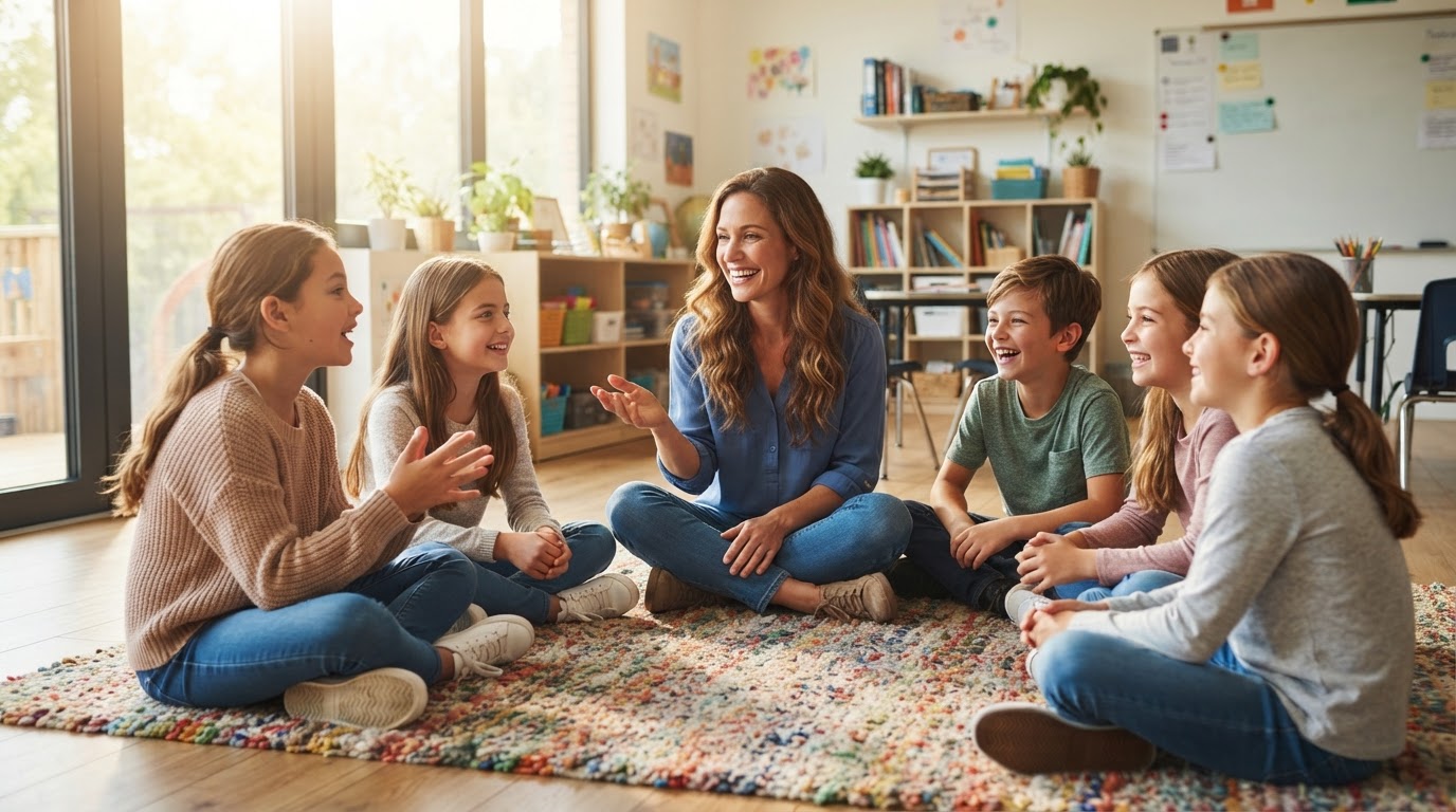 Holly, co-founder and head of school at Wonderstorm Academy, sitting on the floor with students in an open circle discussion