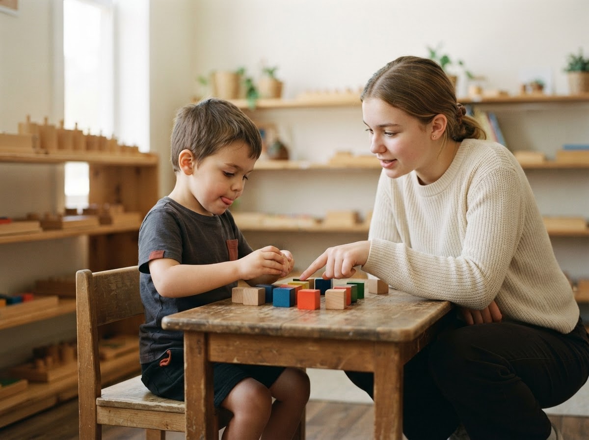 An older student mentoring a younger child at a low wooden table in a bright classroom